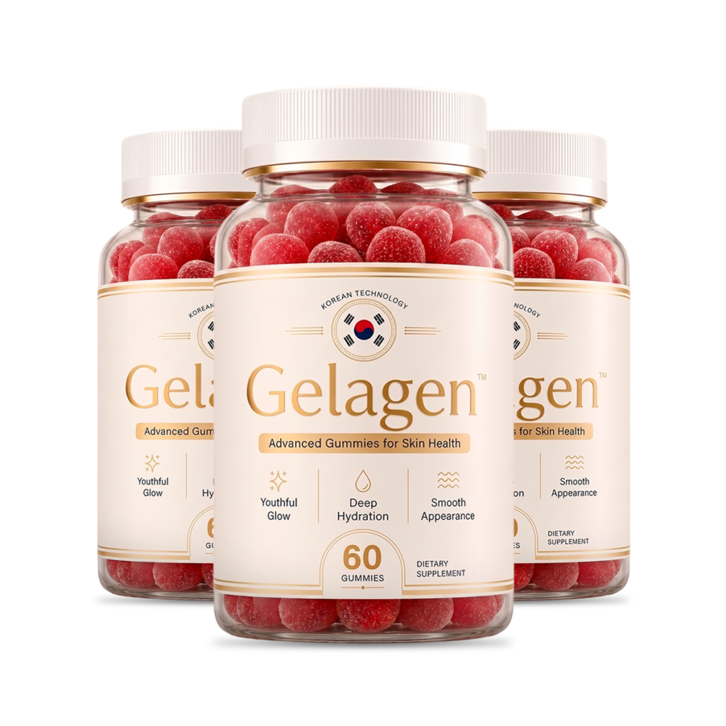 Three bottles of Gelagen Korean Technology skin-health gummies, 60 raspberry gummies each